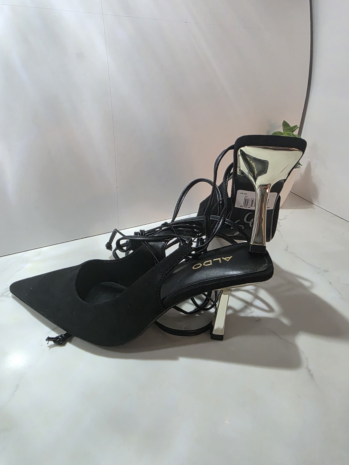 ALDO Black Polyurethane Pointed Toe Lace-Up Slingback Stiletto Heels 7M