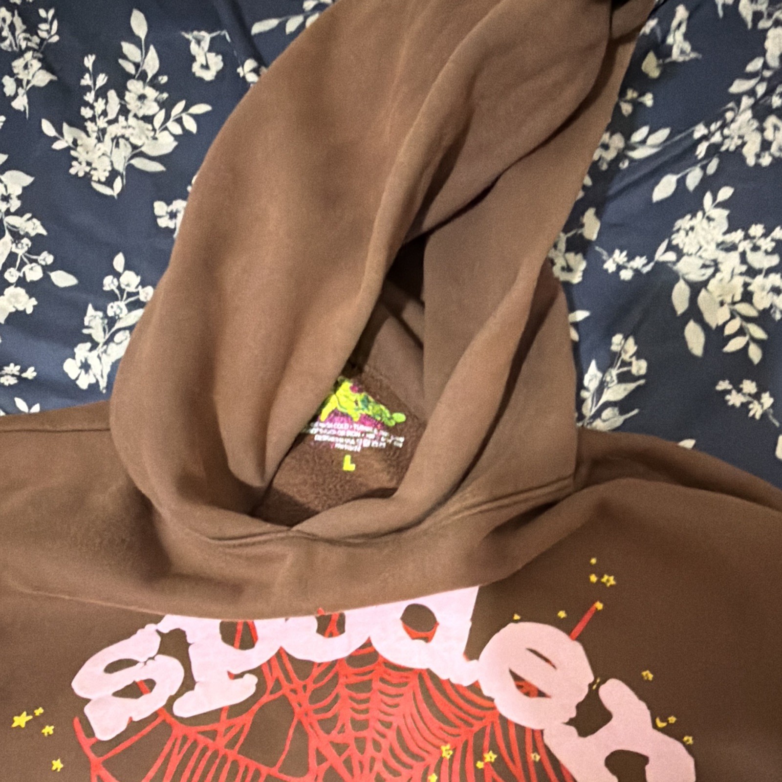 Sp5der Brown Spiderweb Graphic Print Pullover Hoodie Sweatshirt Size L