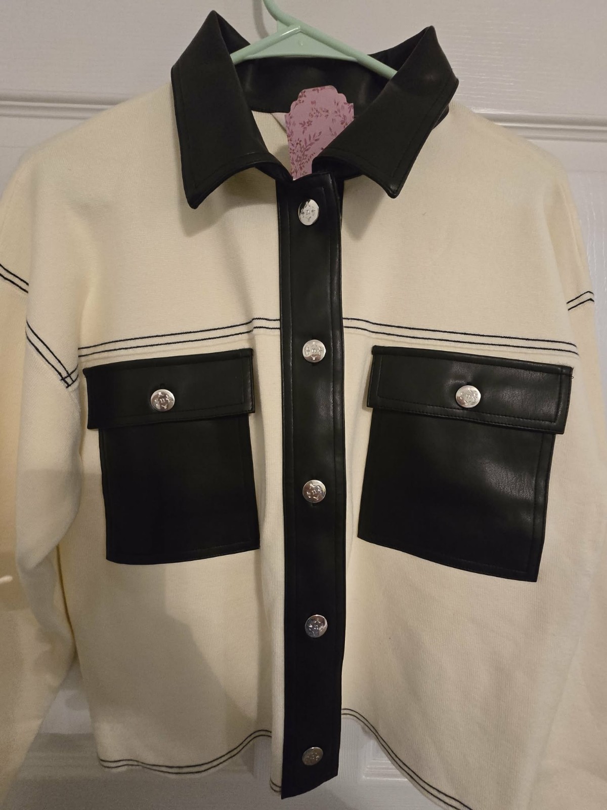 Nanette Lepore Ivory/Black Colorblock Knit Collared Button Cardigan Sweater XL