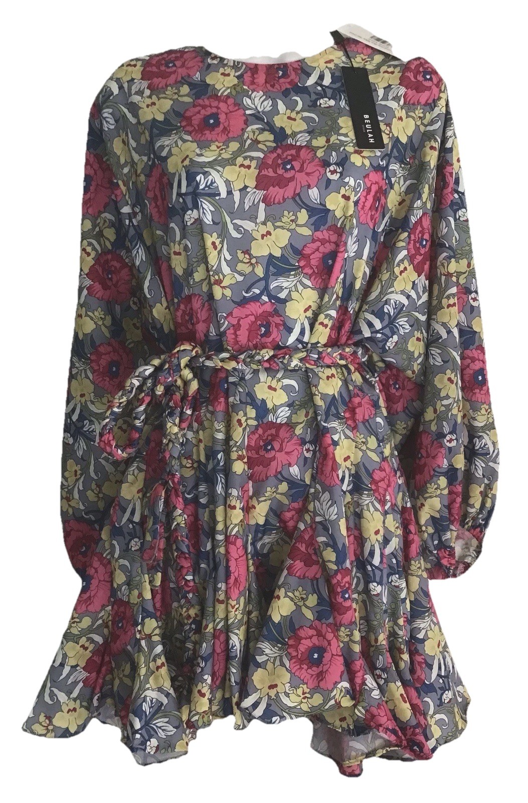 REULAH STYLE FLORAL PRINTED LONG SLEEVE FLUTTER BELTED SHIRT DRESS SIZE- M