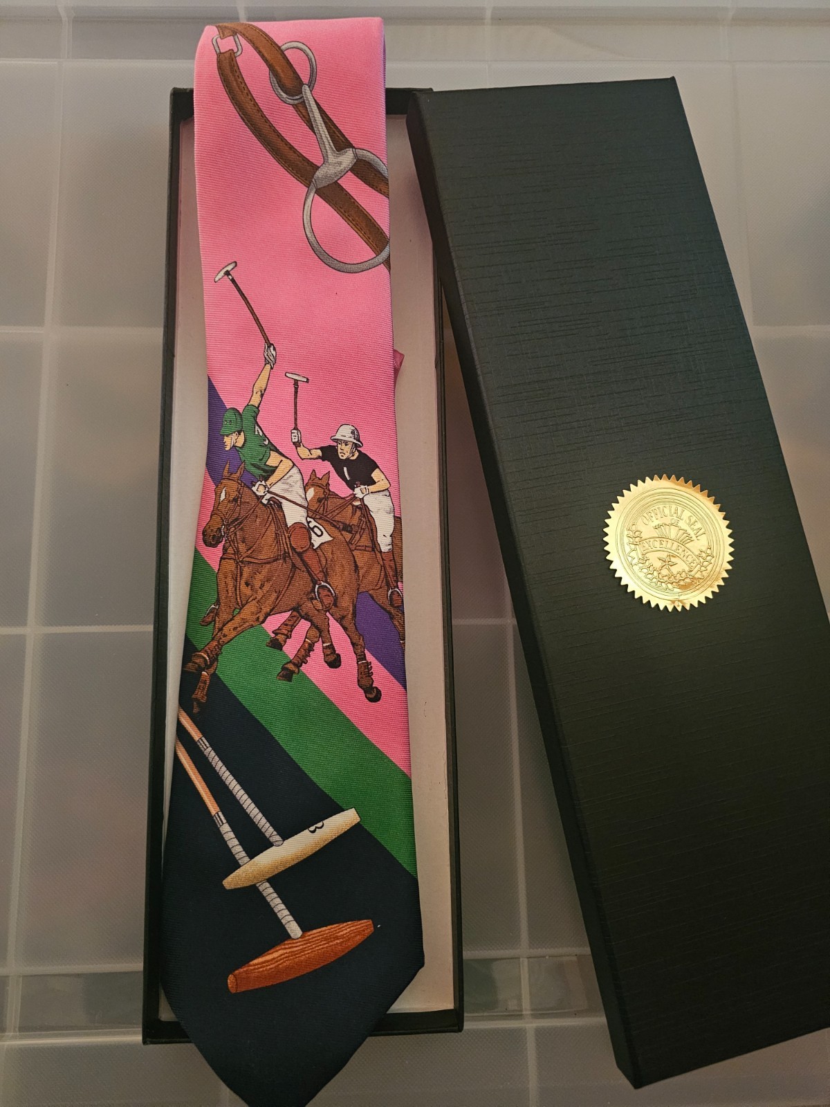 Purple Label Vintage Ralph Lauren Silk Tie w/Artistic Polo Equestrian Motif