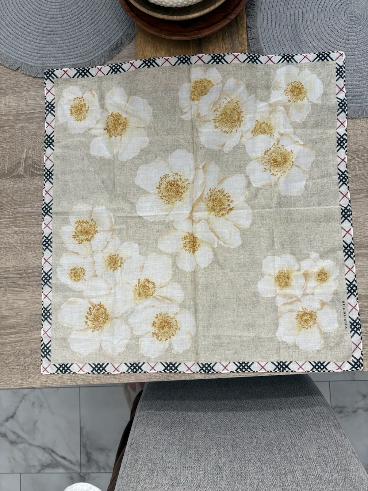 Burberry Floral Handkerchief Beige/White Flowers Plaid Border Black/Red 1pc