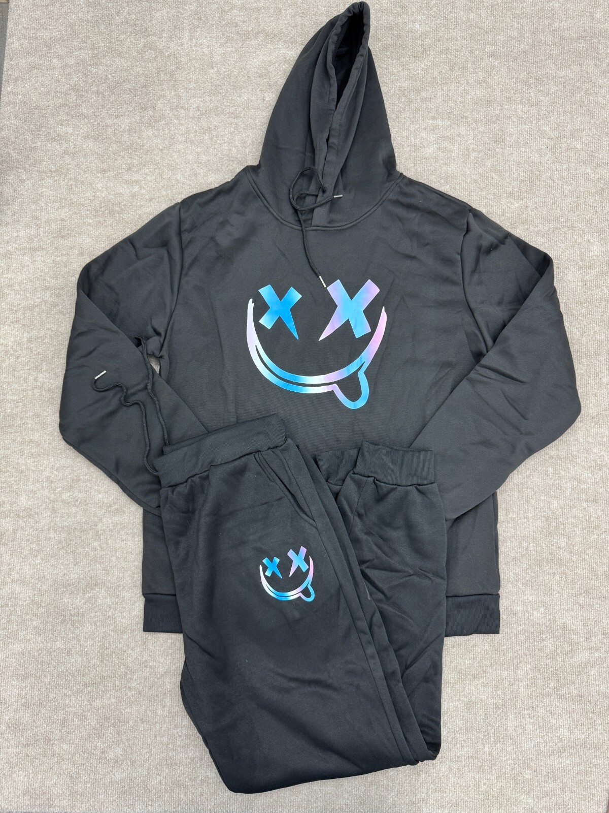 Shein Black Smiley Face Graphic 2 Piece Hoodie Pants Set mens Size XXL
