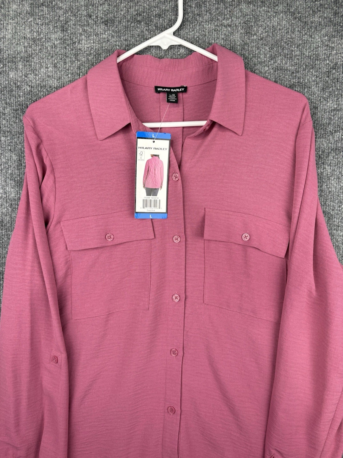 Hilary Radley Women’s Roll Tab Sleeve Button Down Crinkle Top W/Chest Pockets L