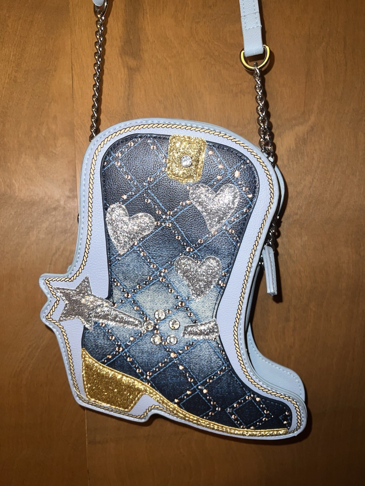 Betsey Johnson XO BOOTS Denim Boot Purse With Crossbody Blue Strap