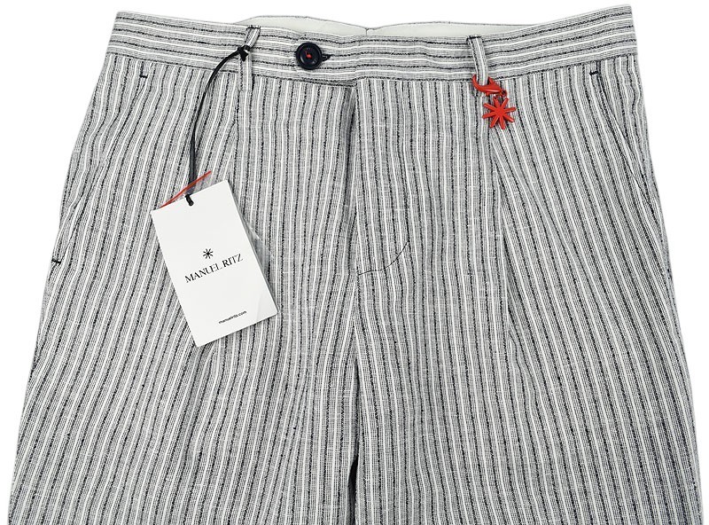 MANUEL RITZ Navy Striped Slim Fit Linen Blend Single Pleat Pants IT 48 US 32 NWT