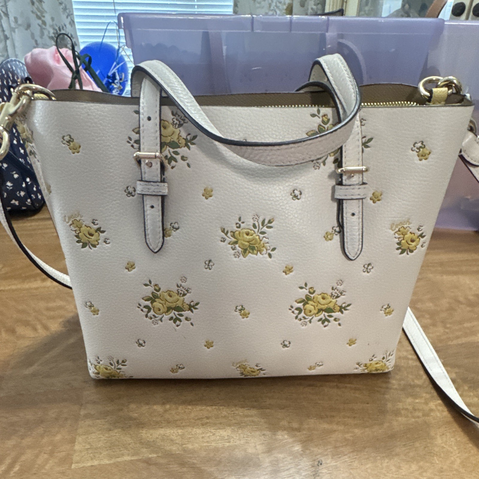 Coach White Floral Satchel Top Handle Bag, Medium, Strap, Gold Hardware