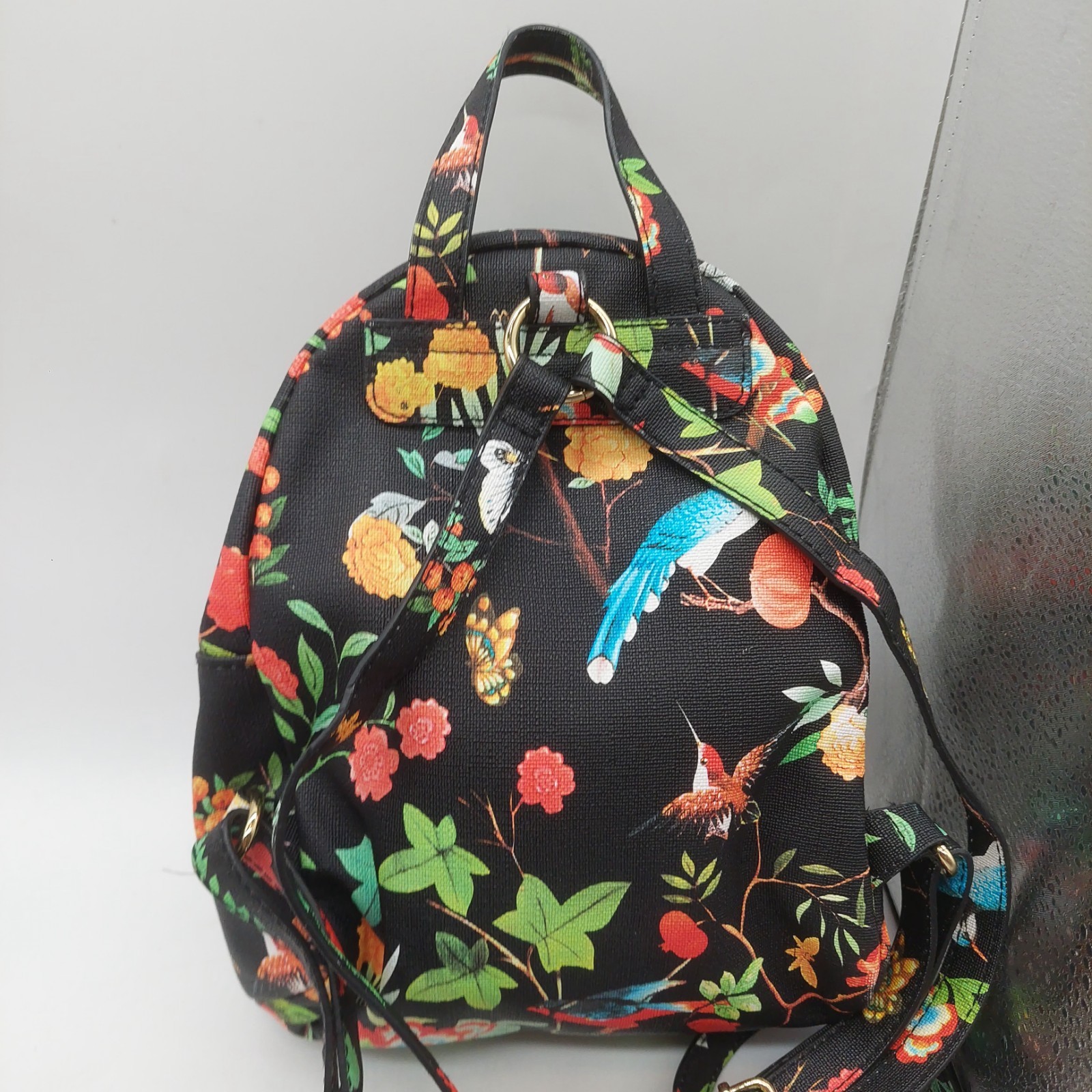 Womens Backpack Black Floral Birds Blue Birds Hummingbird Small 12″