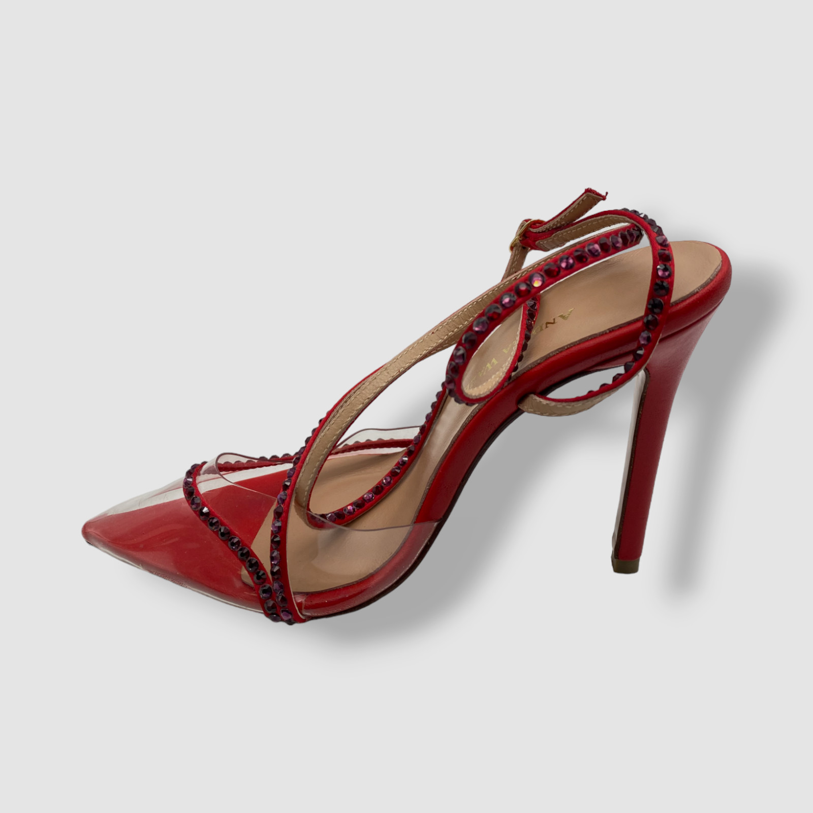$695 Andrea Wazen Women’s Red Dassy Sunset PVC Ankle Wrap Pump Heel Shoes 39