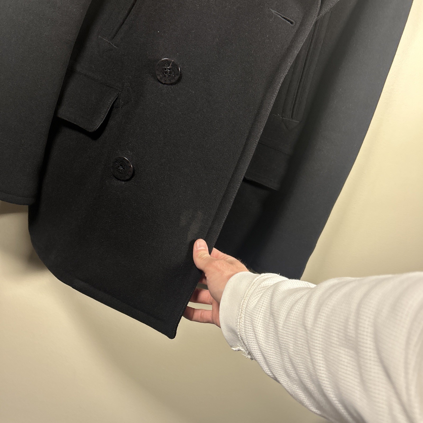 Polo Ralph Lauren Pea Coat Large Black Wool Double Breasted Anchor Naval RRL