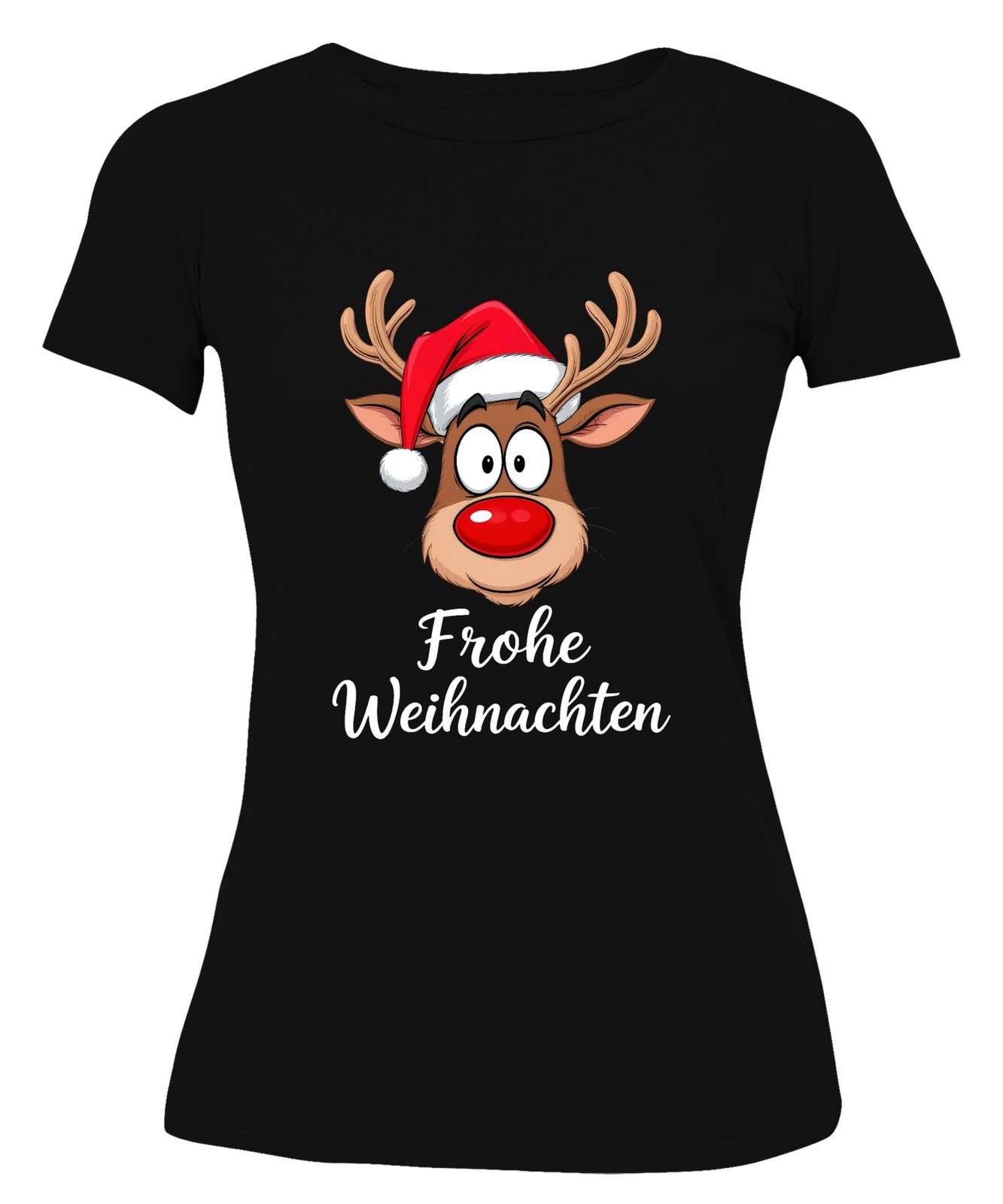 Merry Christmas Reindeer Rudolf Cartoon Cute Funny Gift Ladies T-Shirt