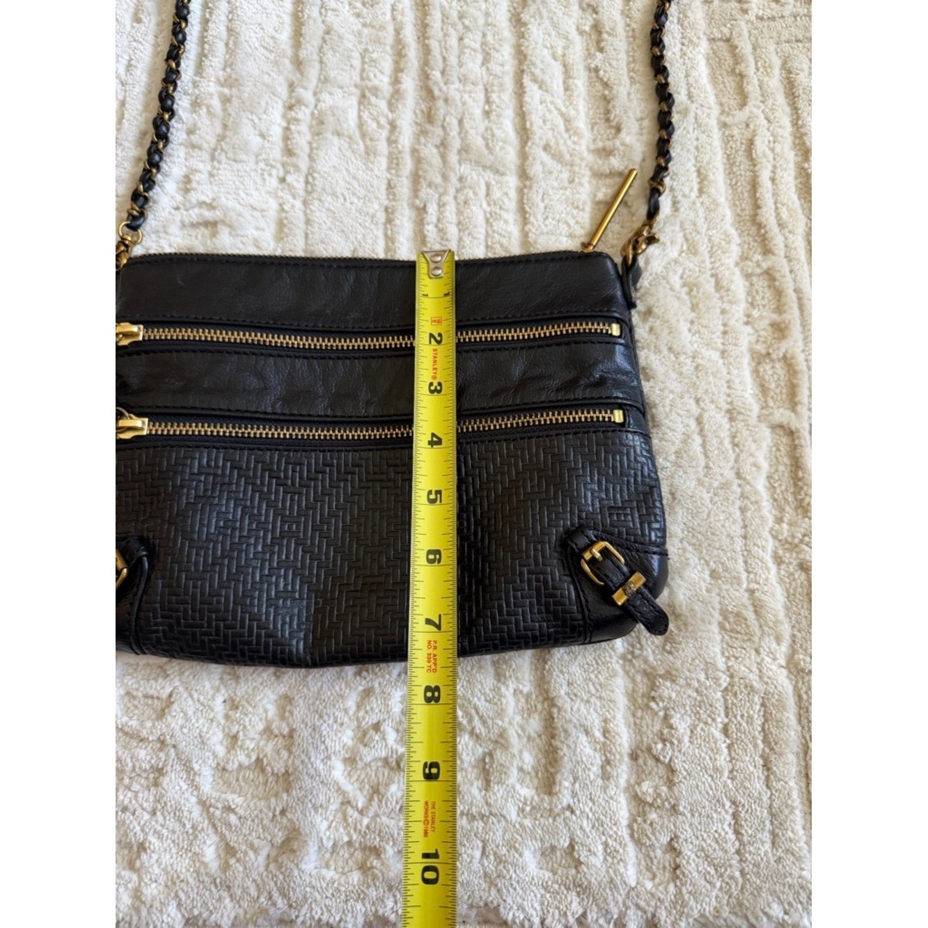 Elliott Lucca Black Leather Crossbody Bag Woven Texture Gold Hardware Multi Zip