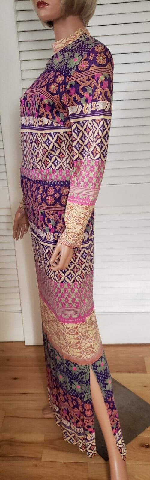 Vintage 1970s Mod Purple Pink Green Orange Beige Column Maxi Dress Size S/M