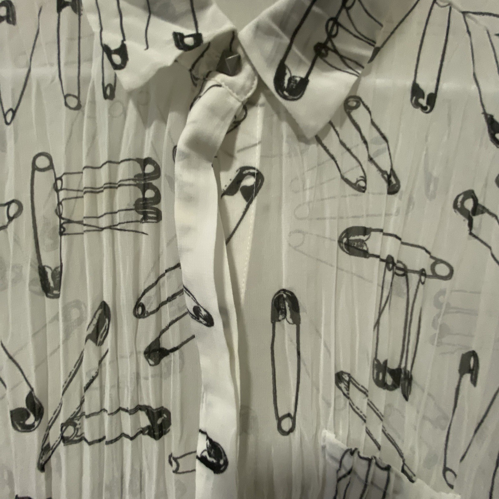 Punk Avant-Garde Women’s White Button Up w Allover Safety Pin Print Size S