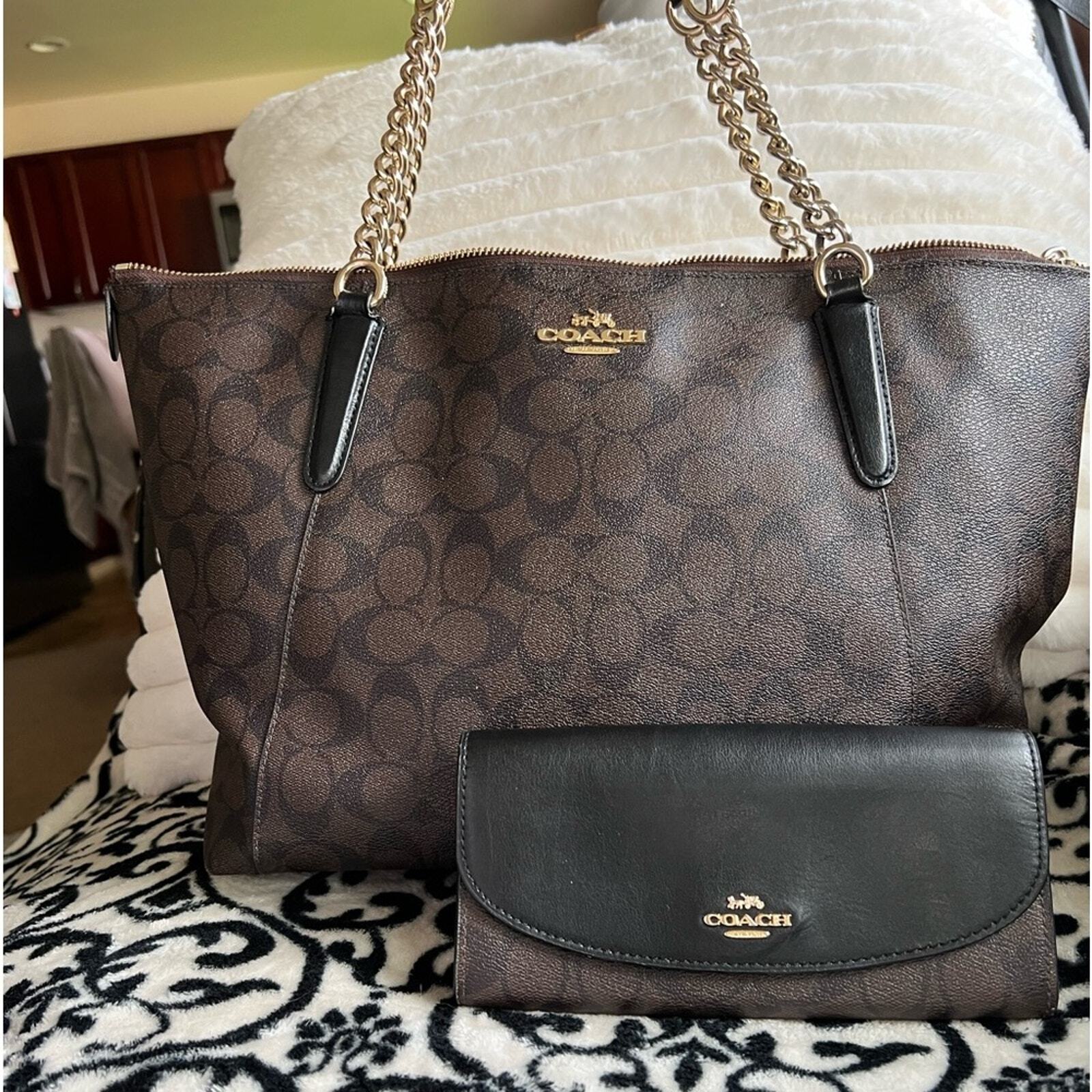 Coach Ava Chain Tote in Black/Brown w/ matching wallet F23526