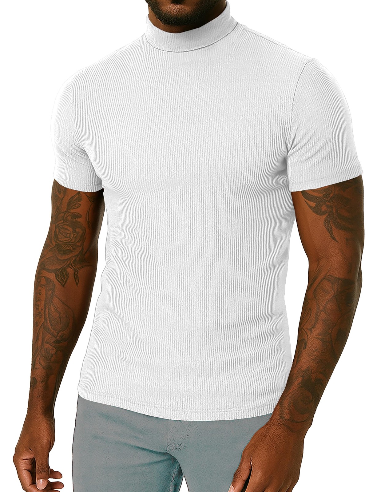 Men Mock Turtle Neck Shirt Slim Fit Short Sleeve Casual Ribbed Monak Turtleneck