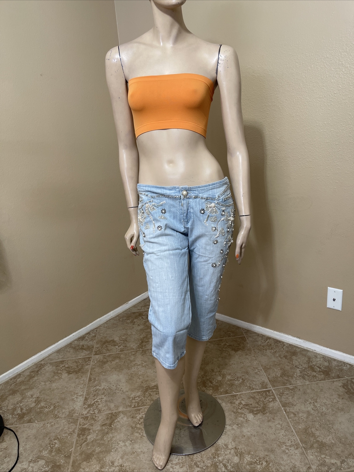 Women’s Light Blue Cotton Casual Beaded Pearls Glitter Zipper Size L Pants Capri