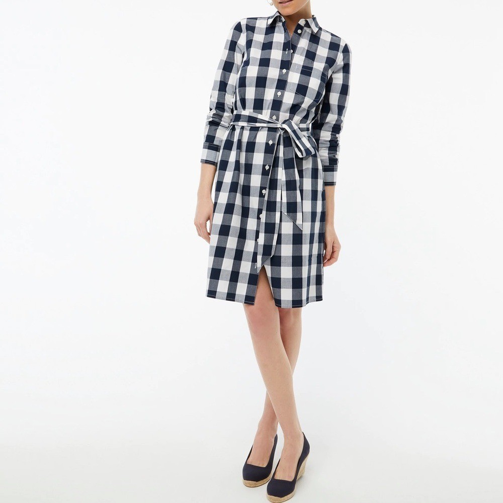 J Crew New Gingham plaid belted shirtdress long sleeve button up black white