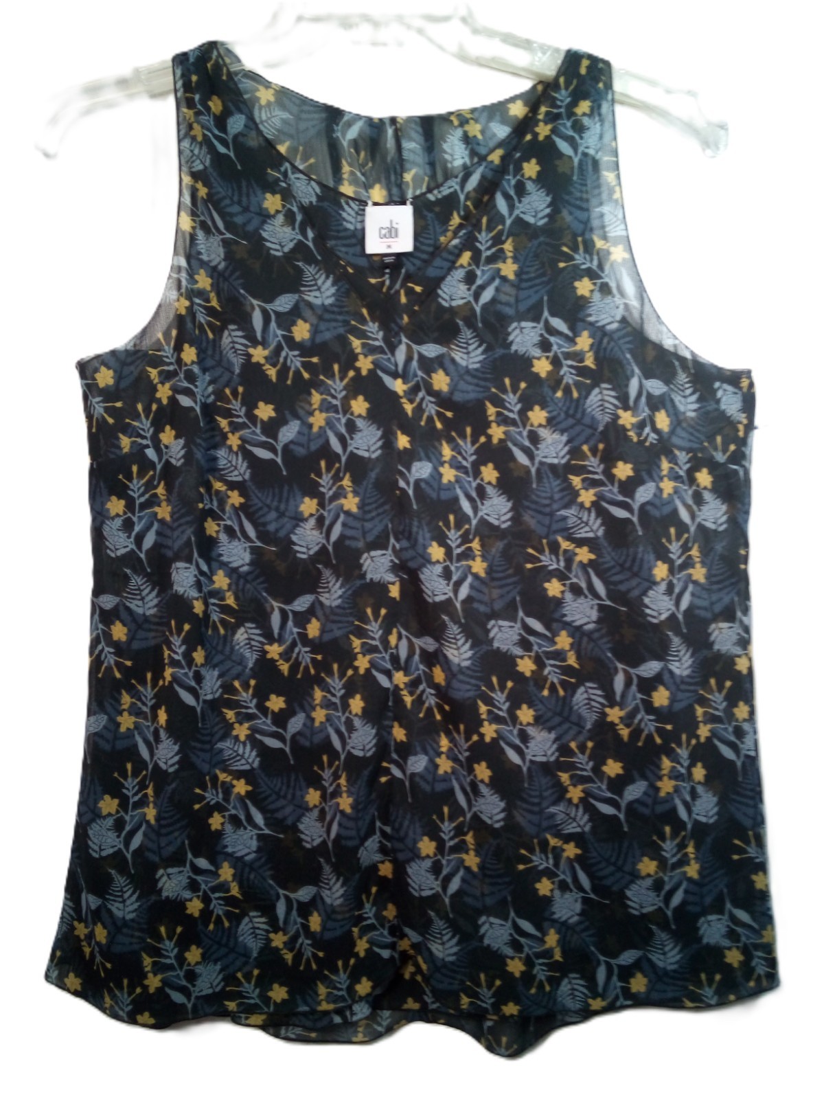 Cabi Fern Blouse Style 3450 Floral Navy Sheer Layered Sleeveless Top Women M