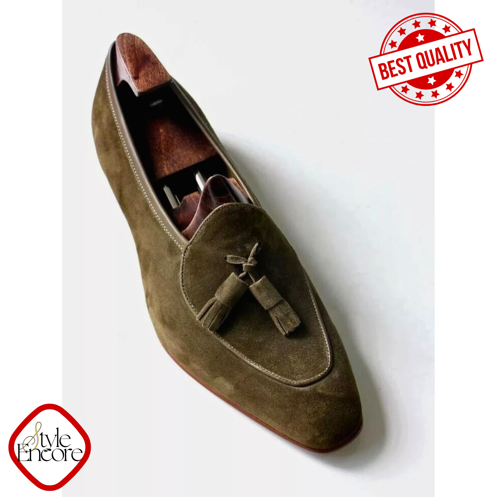 Men’s Olive Green Suede Tassel Loafers – Handmade Luxury Slip-On Shoes