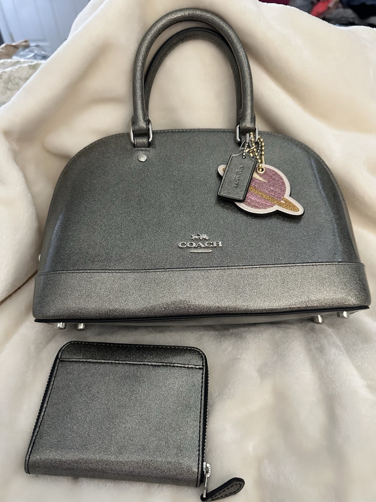NWT Coach Mini Sierra Metallic Purse And Matching Wallet Set In Silver