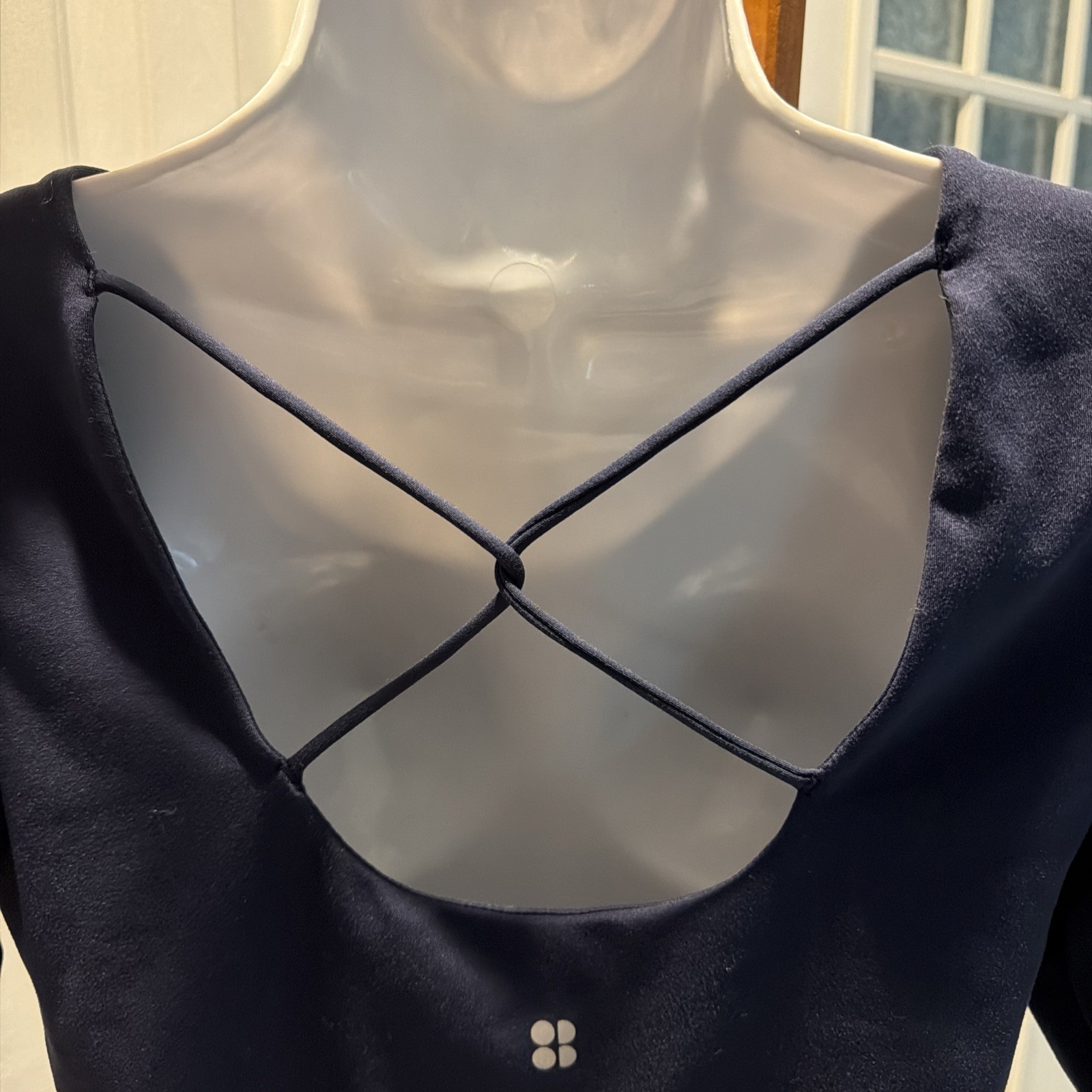 Sweaty Betty Medium Top Blue CrissCross Back U Neckline Short Sleeve Cotton NWOT