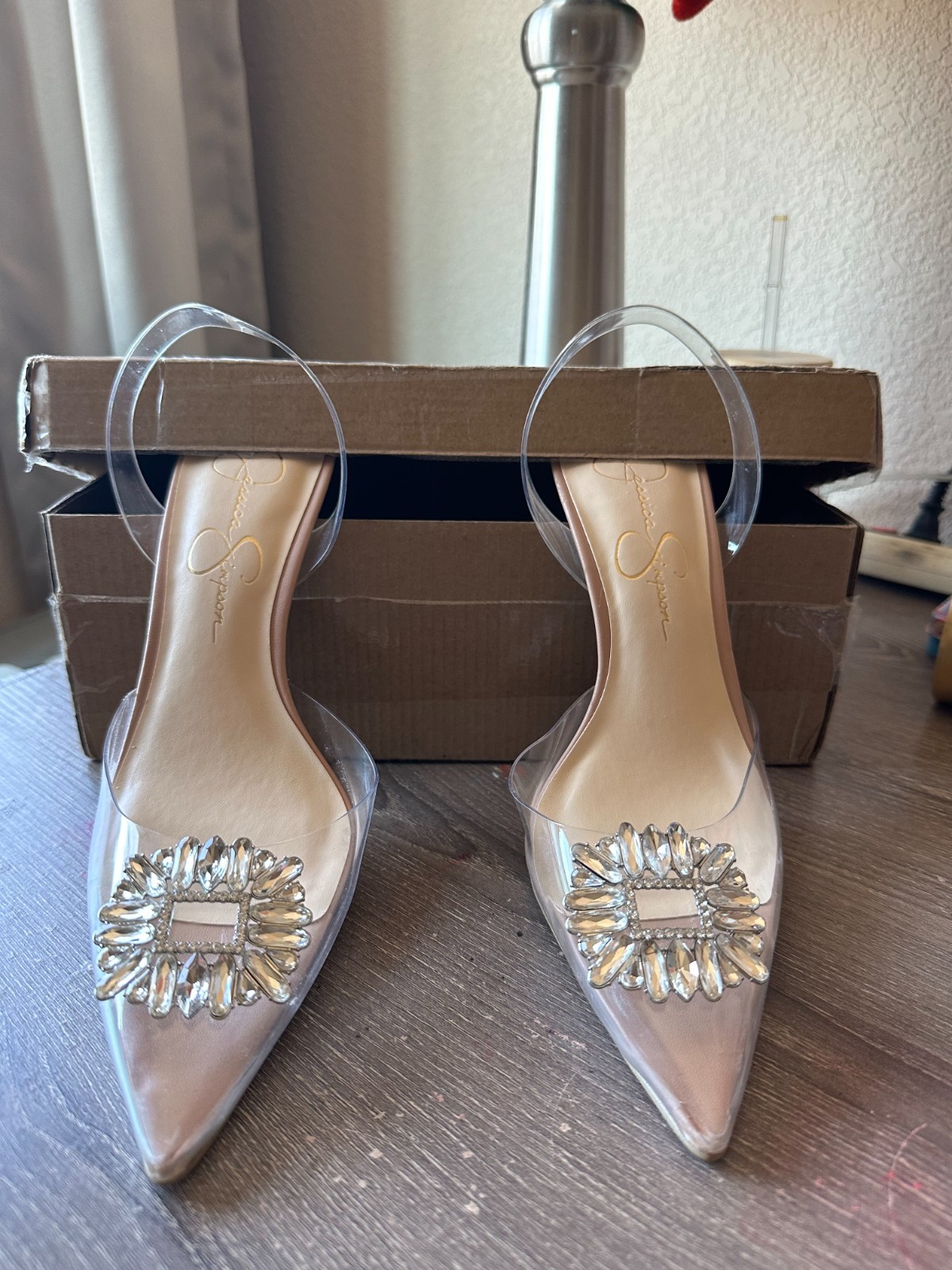 Jessica Simpson Clear Banded Heels Rhinestone Accent W-S7 tried on