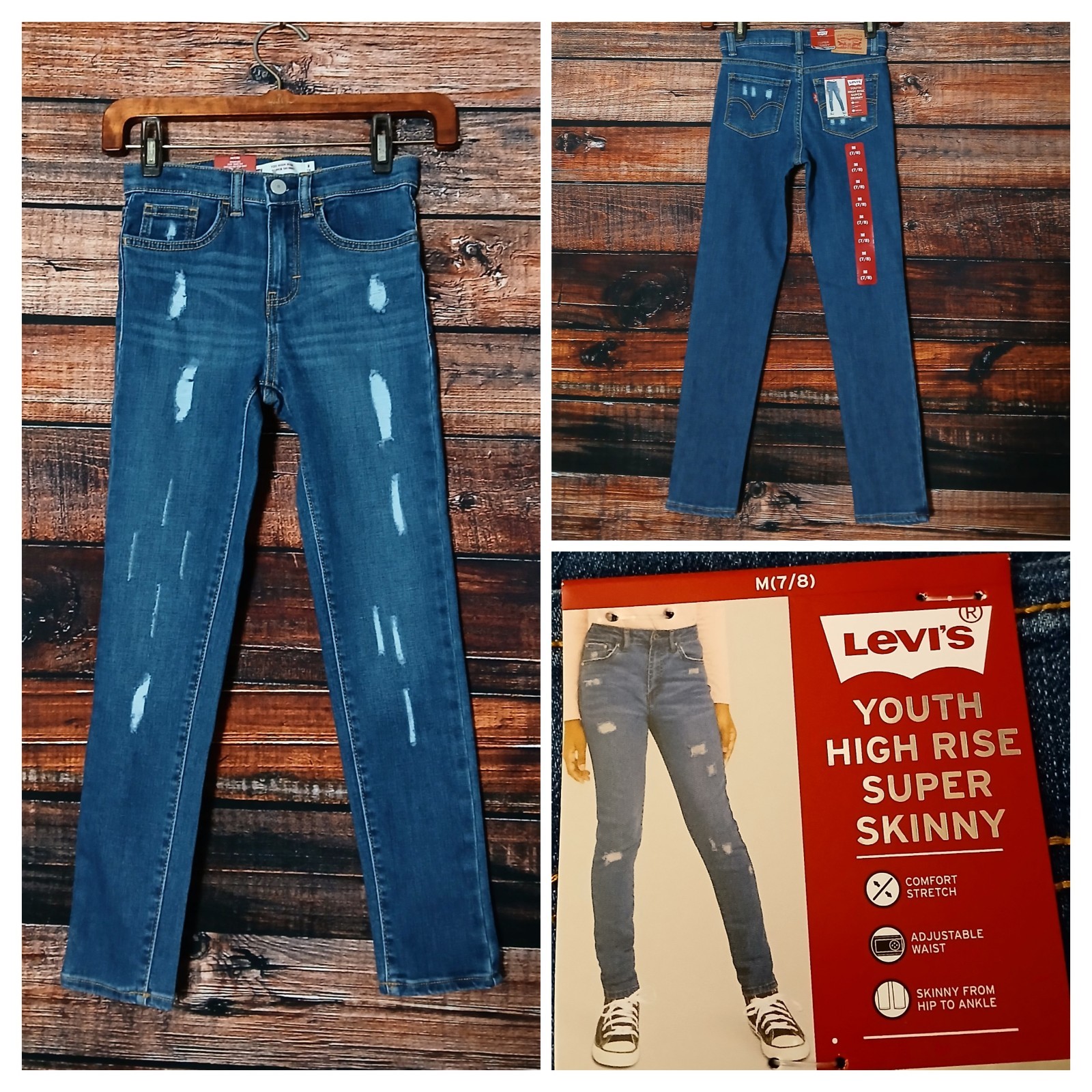 Levis 720 Jeans Girls M 7/8 High Rise Super Skinny Distressed Adjustable NWT