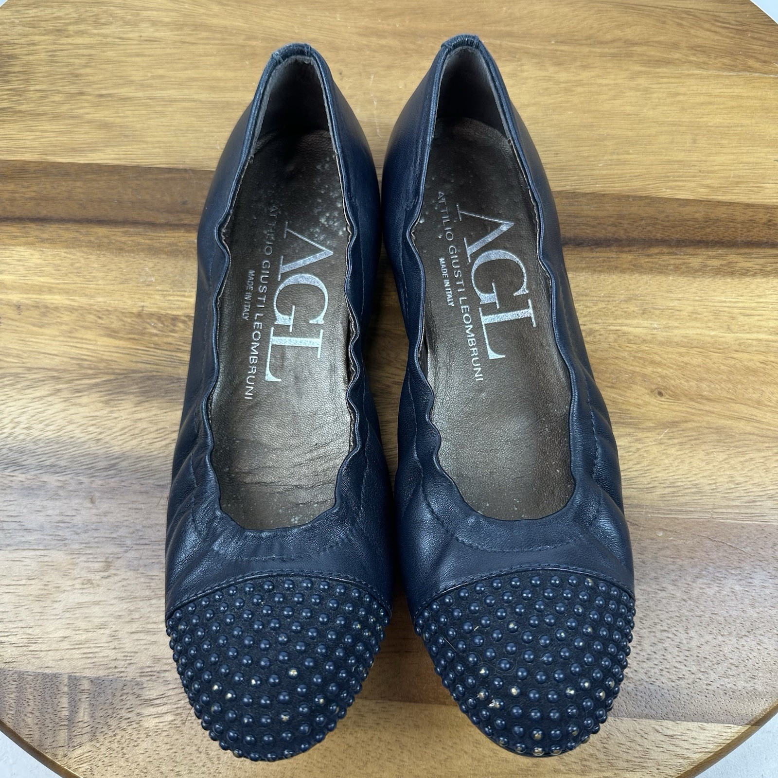 Womens AGL Italy Black Leather Studded Slip On Cap Toe Ballet Flats Size EU 36