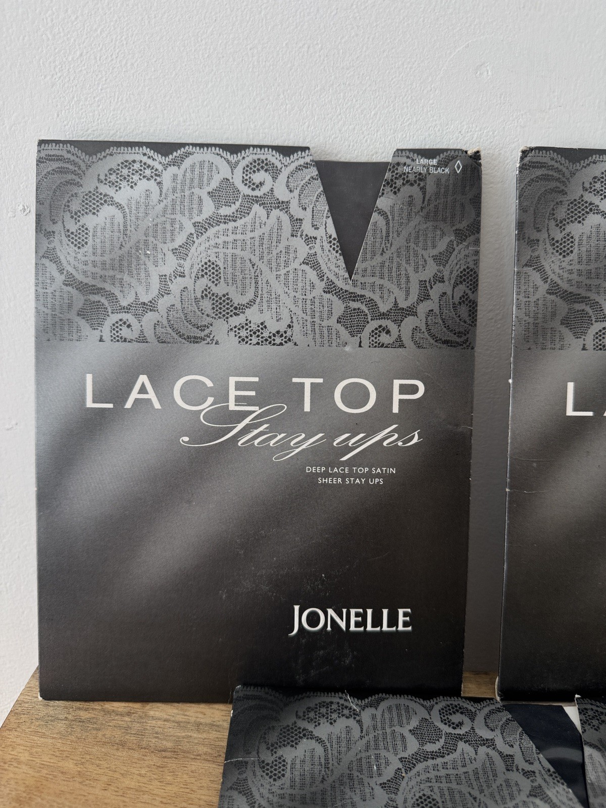 Jonelle Vintage Lace Top Stay Ups 15 Denier Black/Navy Large x3 Pairs Swiss Made
