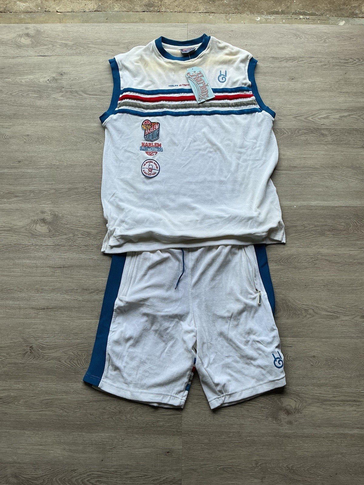Harlem Globetrotters Men’s 2pc Terry Cotton Set M White/Blue Logo Pockets