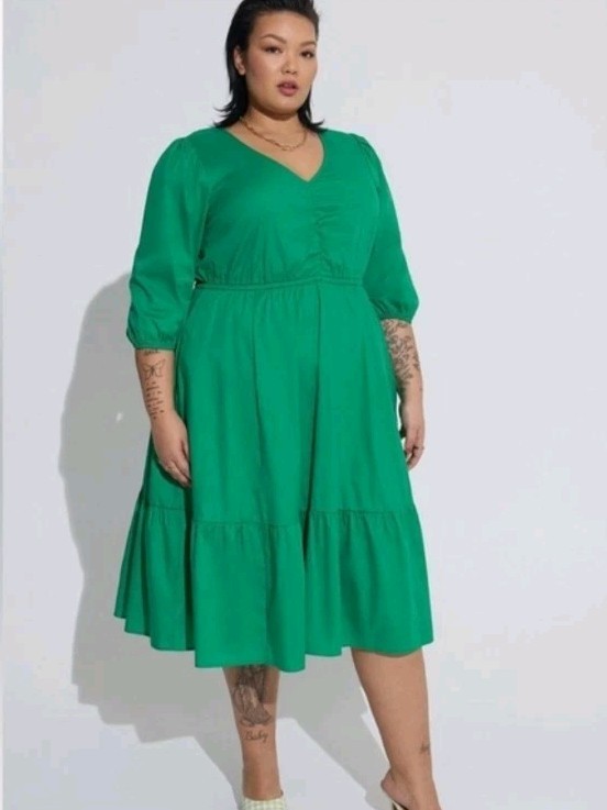 TORRID Green Ruffle Midi Poplin Shirred 3/4 Sleeve A-line Dress Sz 3 3X 22-24