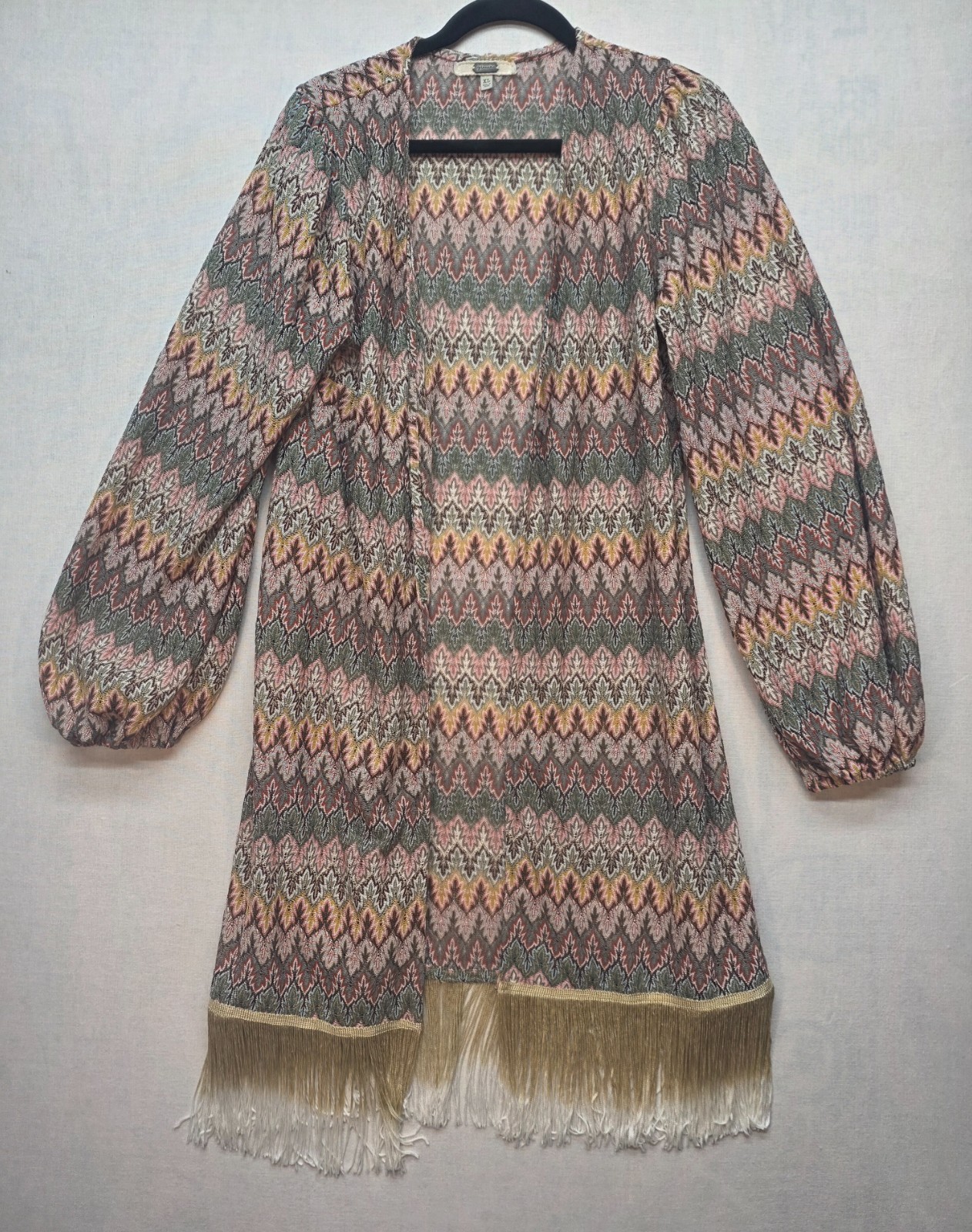 Gimmicks by BKE Zig Zag Jacquard Metallic Fringe Kimono Boho Cardigan XL Buckle
