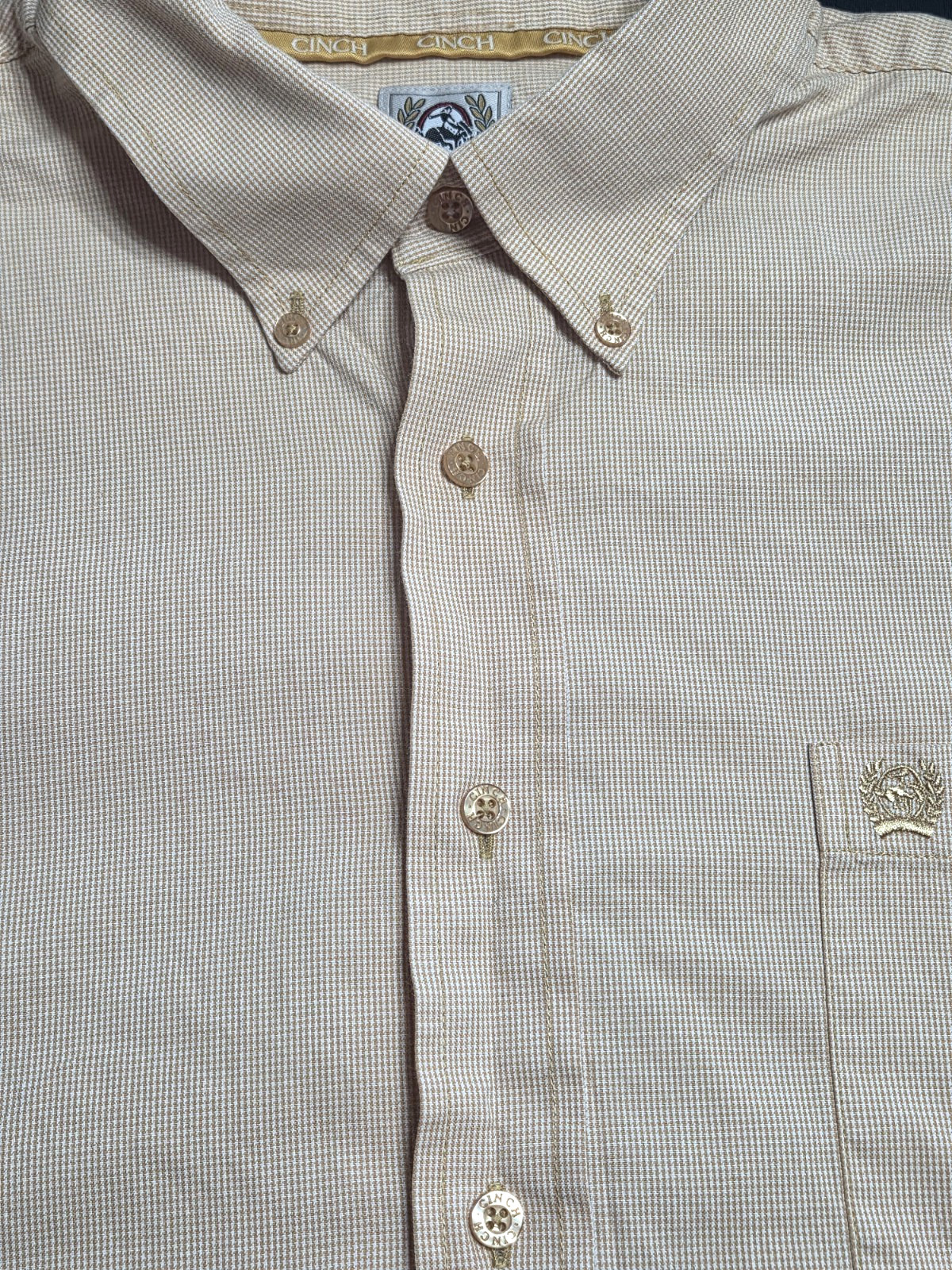 Cinch L/S button Western Shirt Mens LG Small Check Pattern Gold Tan rodeo cotton