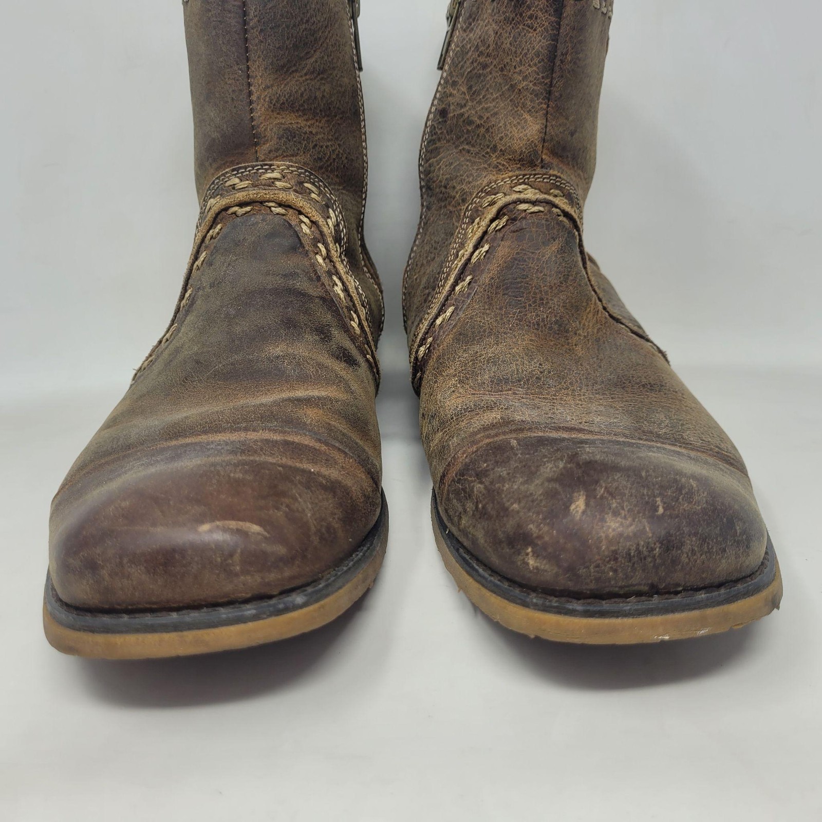 Bed Stu Boots 9 Brown Leather Revolution Ankle Zip Square Toe Distressed Rugged