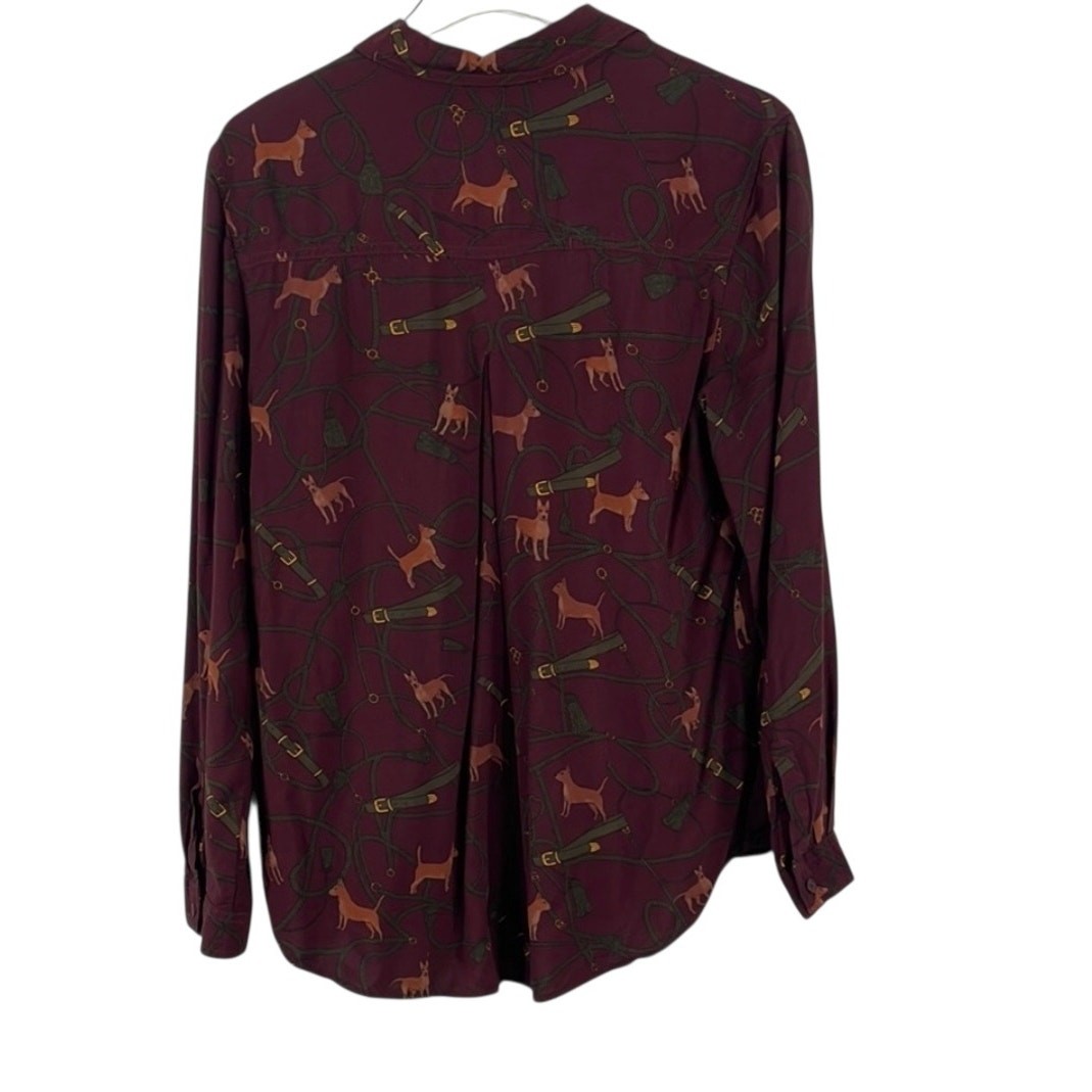 Beach lunch lounge all over dog puppy print button front burgundy blouse sz M