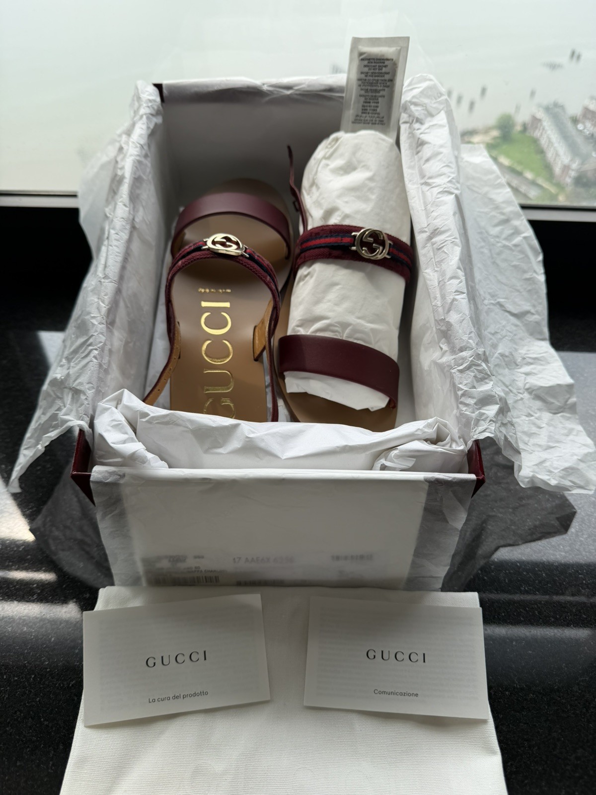 Gucci Interlocking G Web Stripe Sandal in Burgundy
