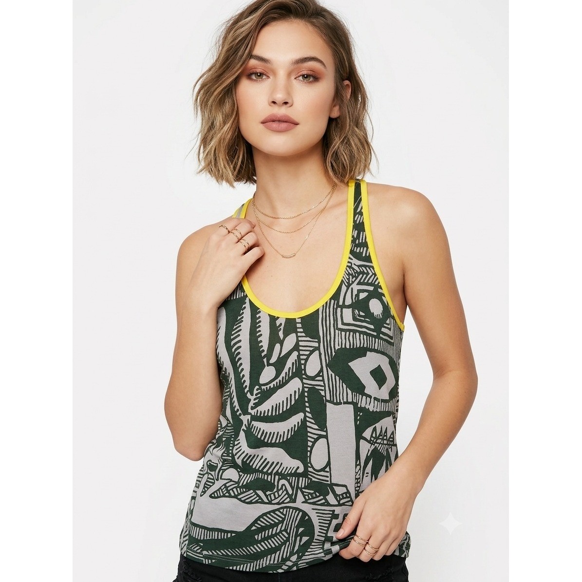 French Connection Denim Abstract Print Racerback Tank Top Green Yellow Medium