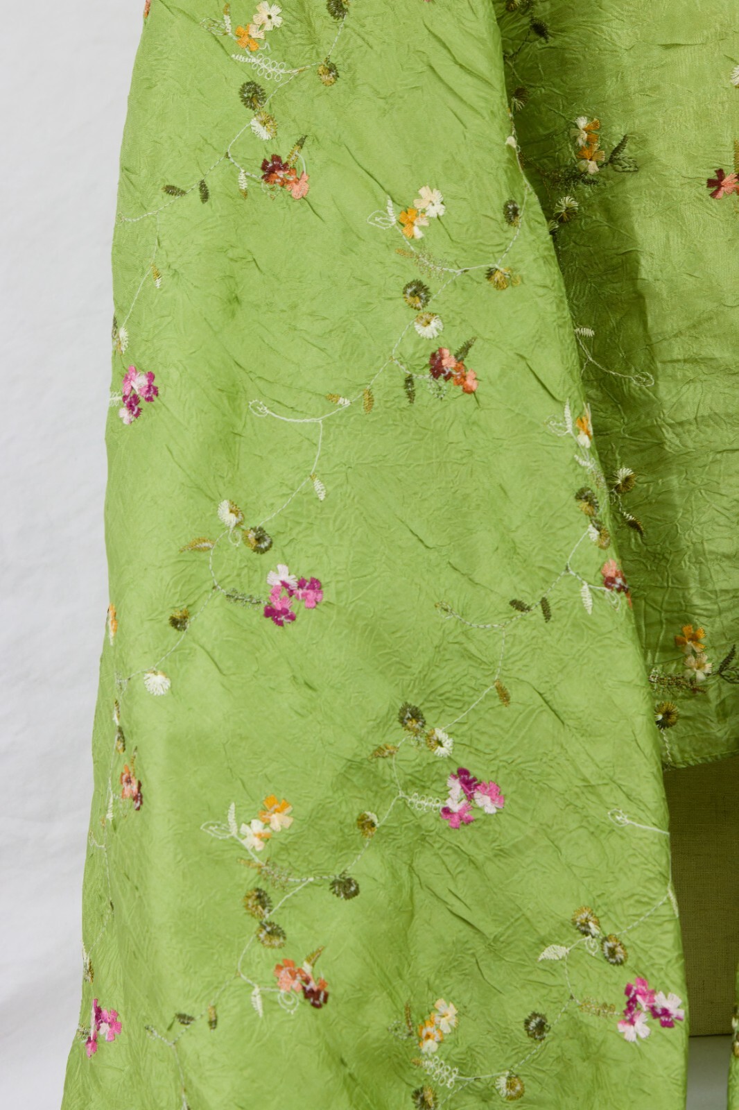 Crushed Shimmer Silk-Poly Blend Green Embroidered Floral Wrap Scarf, 25in x 64in
