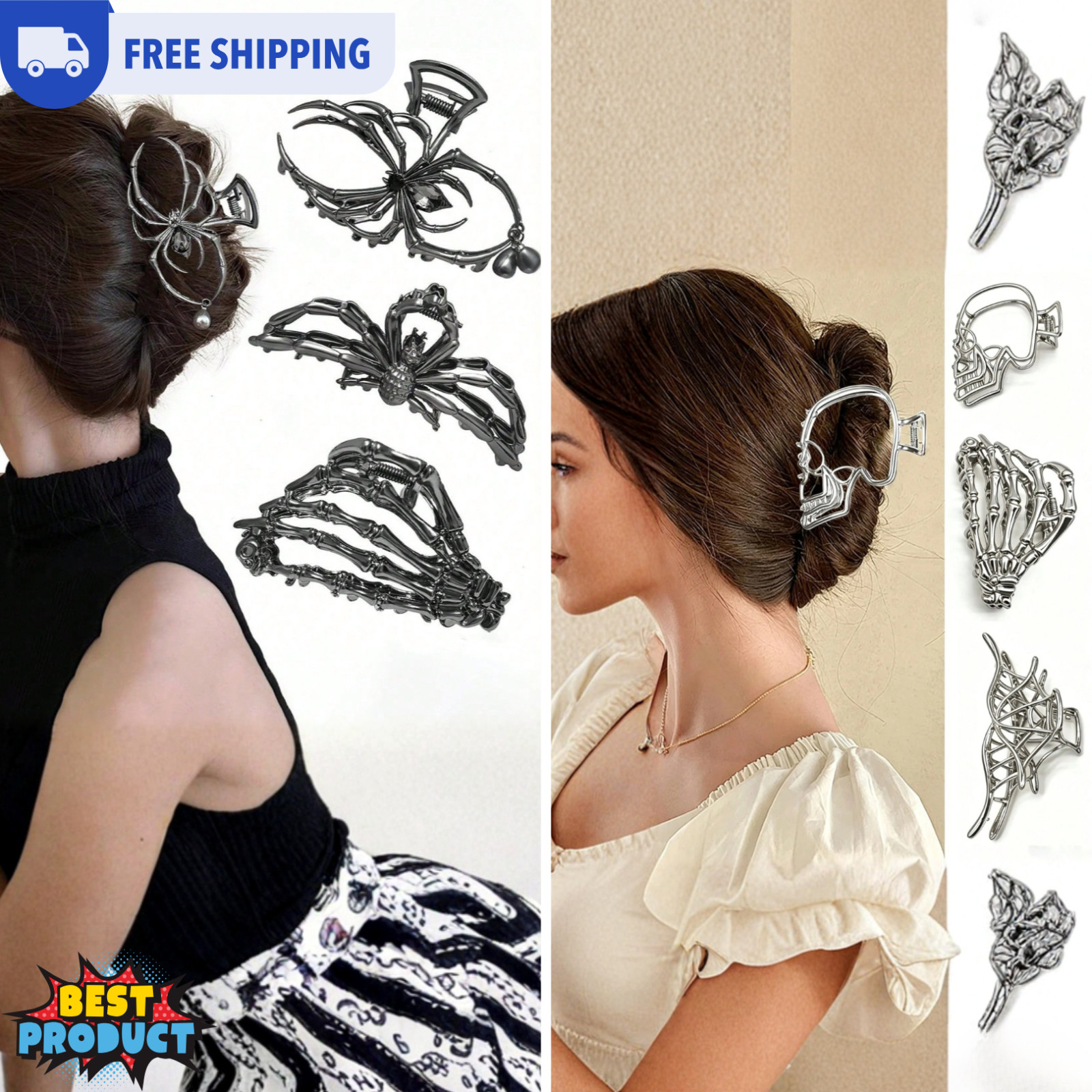 3pcs Metal Gothic Hair Clips Skeleton Hand Skull Spider Halloween Claw Clips US