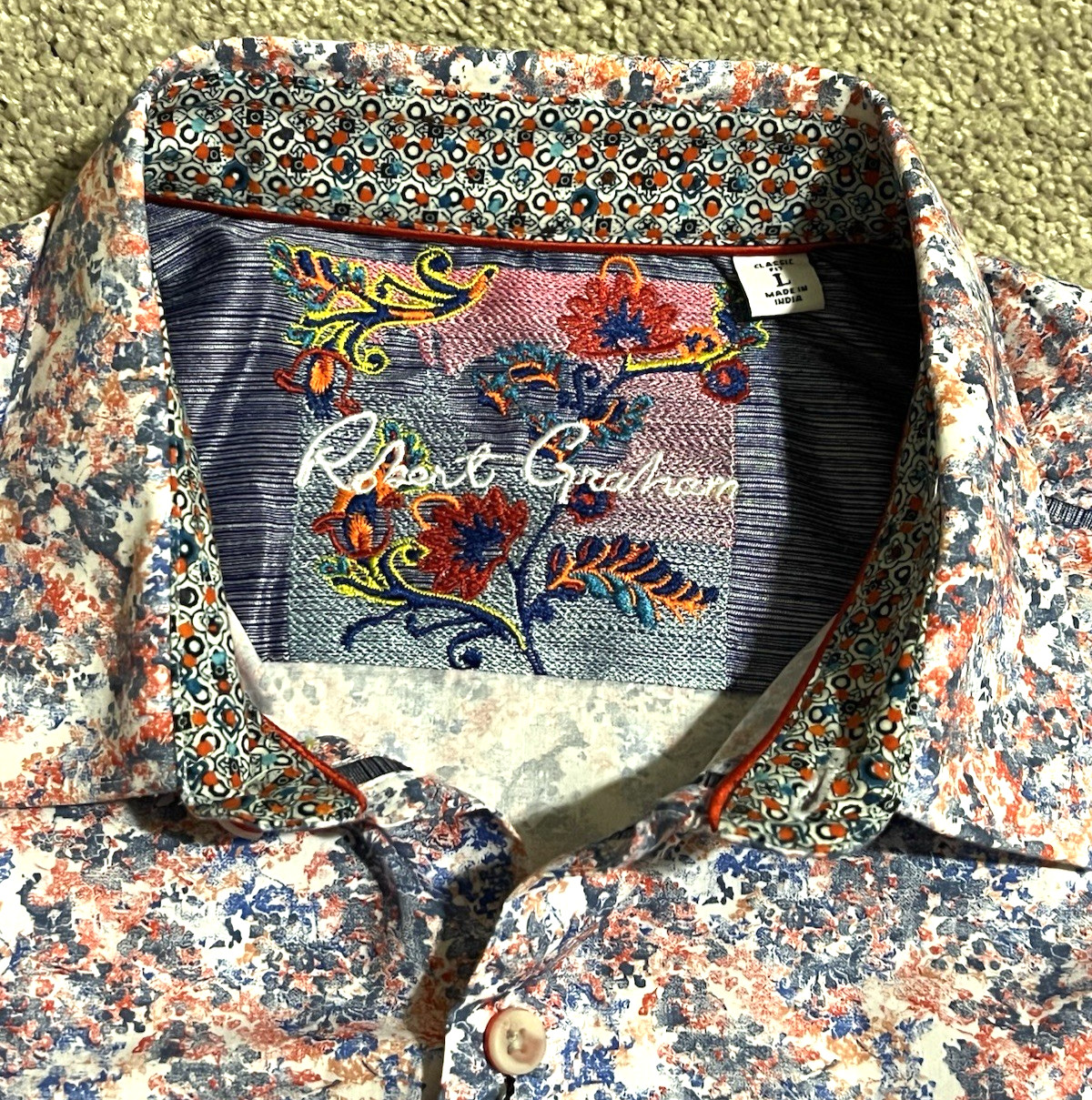 ROBERT GRAHAM Button Up Front Short Sleeve Shirt HAAS Floral Print CLASSIC Sz LG