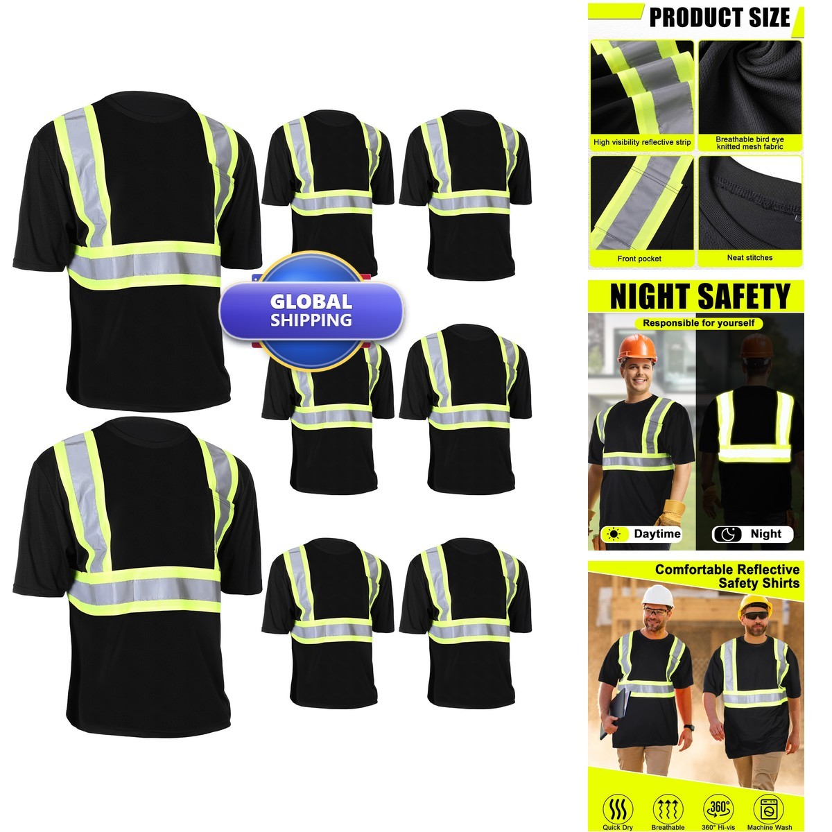 JaGely 8 Pcs 4 Pcs Black Safety Shirts Men Reflective Class 3 High Visibility