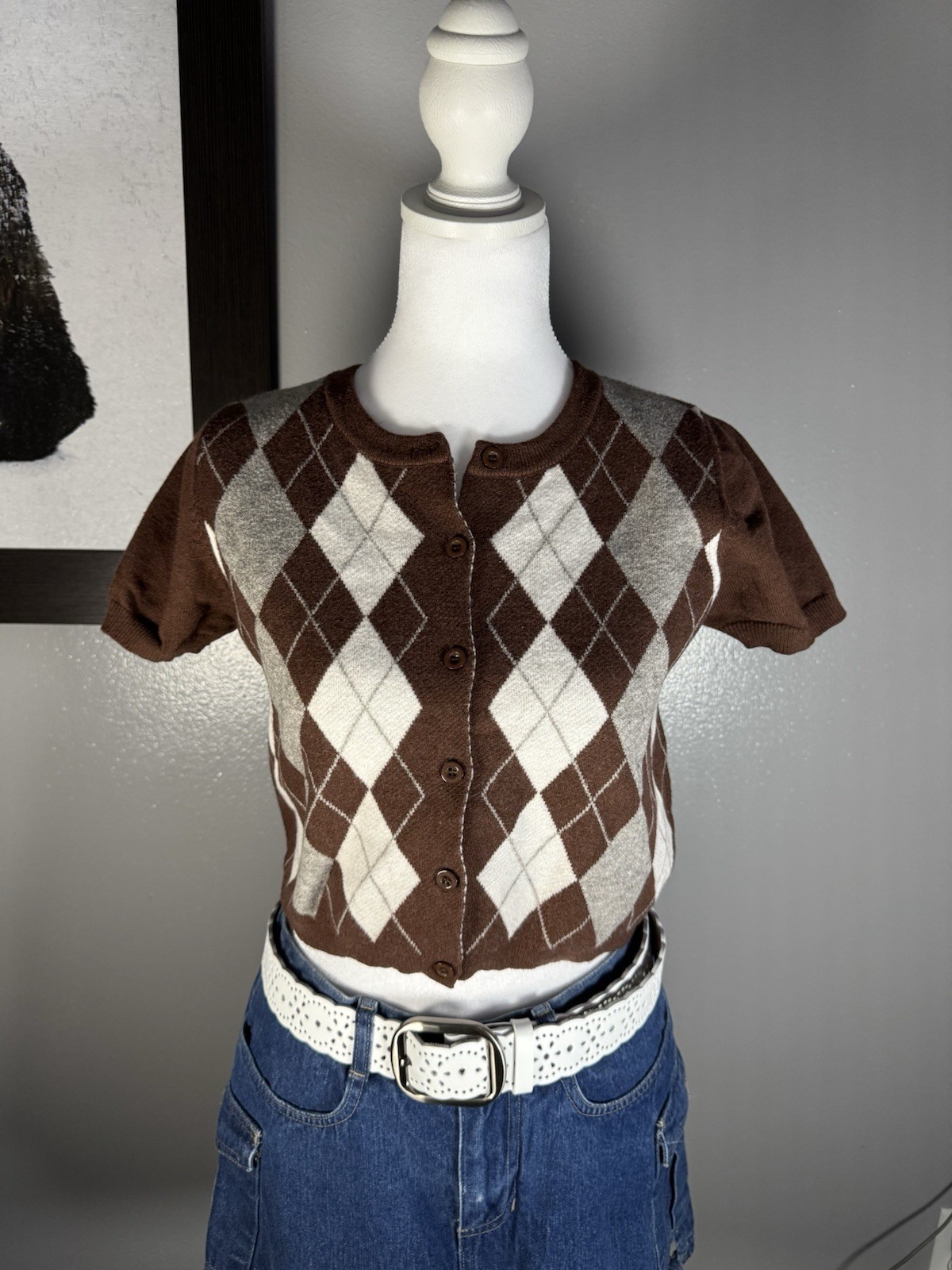 Hesperus Brown & White Checkered Knit Short Sleeve Button Up Women’s Medium
