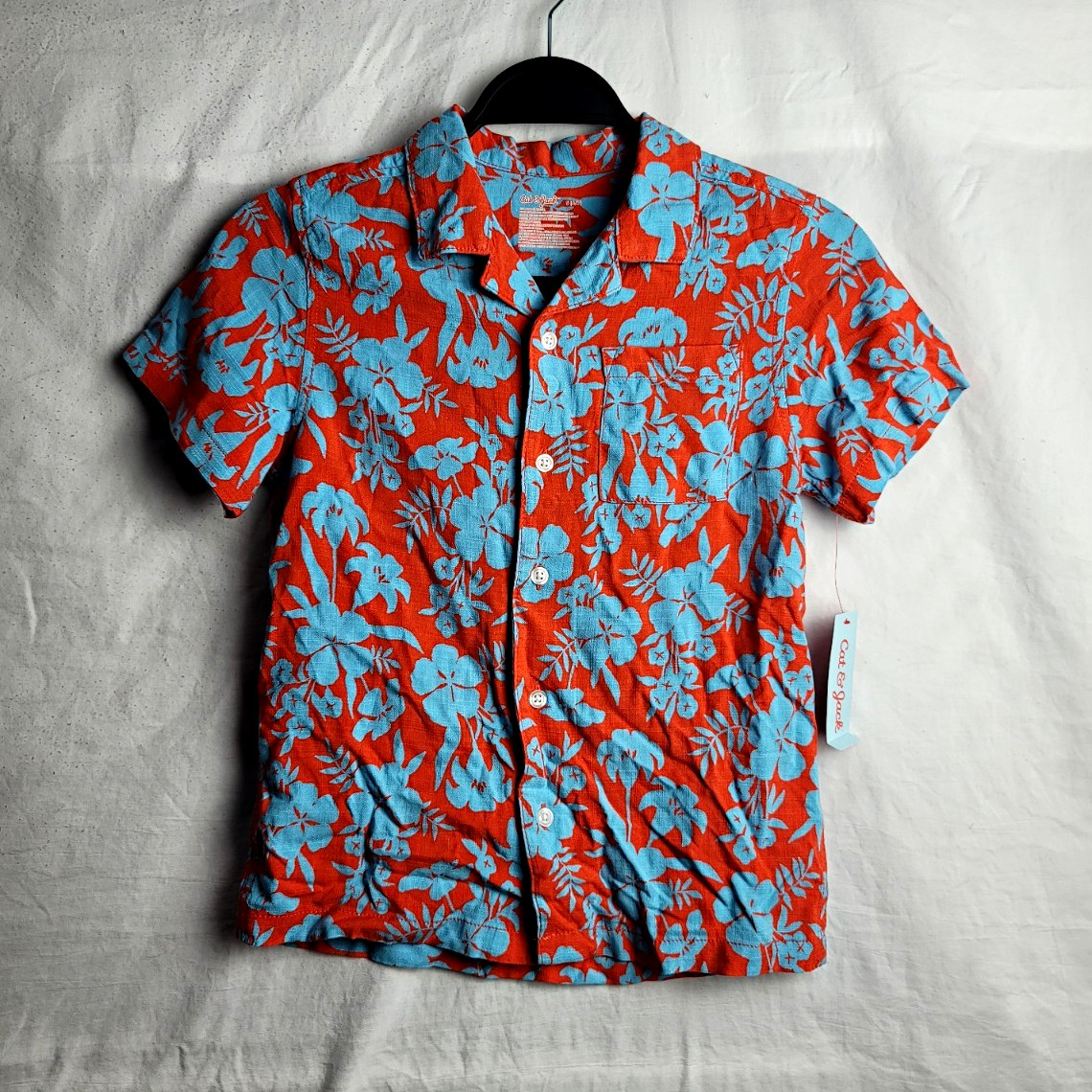 Cat & Jack Boys Floral Hawaiian Button-Up Shirt Orange/Blue S (6/7) Collared