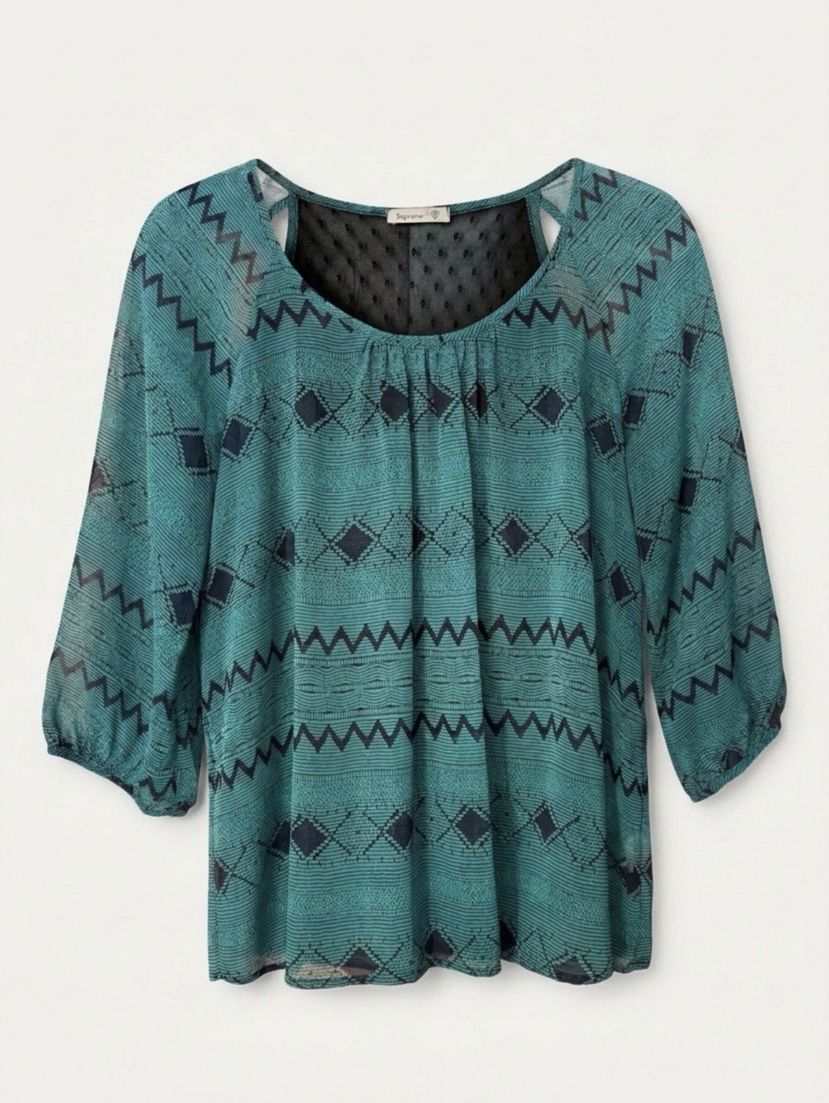 Soprano Women’s M Green/Black Geometric Scoop Neck 3/4 Sheer Mesh Yoke Blouse