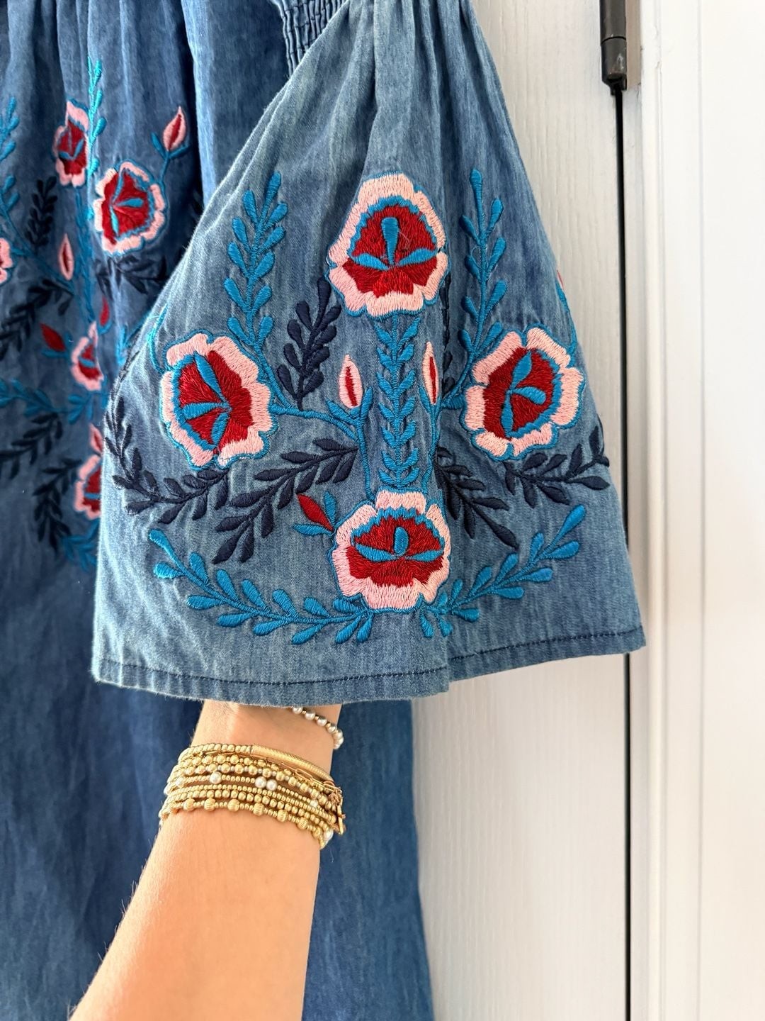 A&A Boho Off-The-Shoulder Embroidered Chambray Bell Sleeve Dress