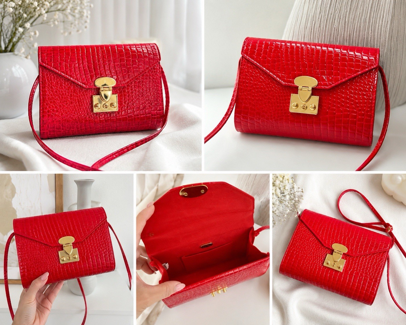 Women’s Small Red Patent Croc Embossed Crossbody Bag Detachable Strap
