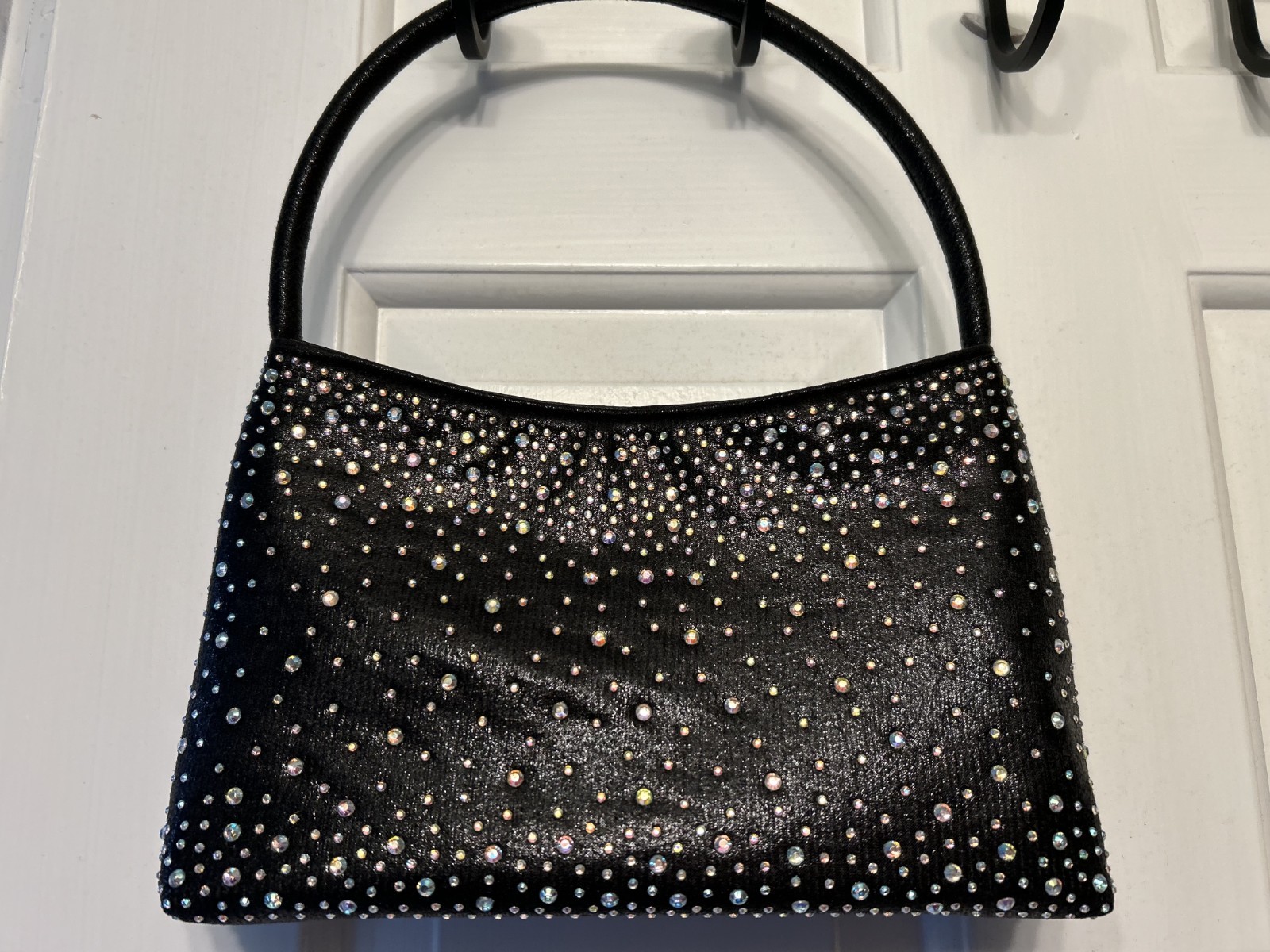 Ladies’ evening bag/purse. Black studded w/crystal beads. 9” x 5.5” plus…