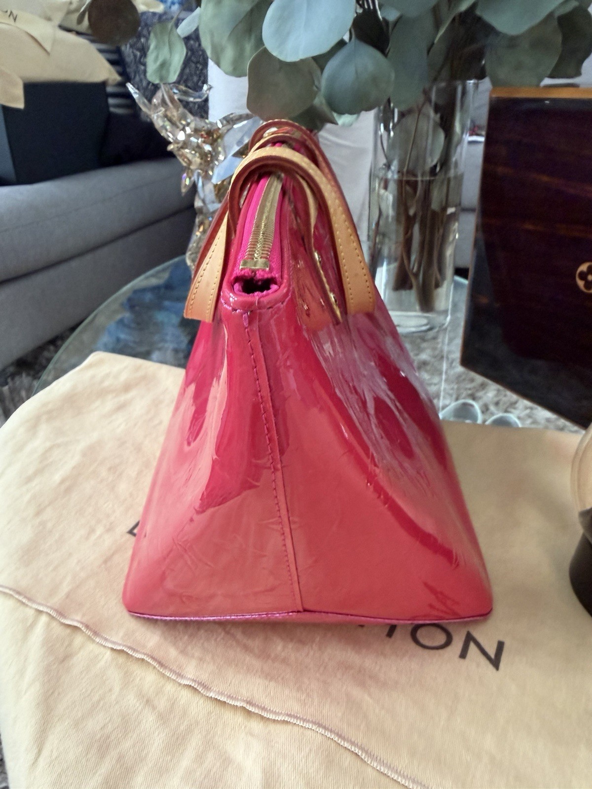 Louis Vuitton Pink Monogram Vernis Patent Tote Zip Beige Handles Dust Bag