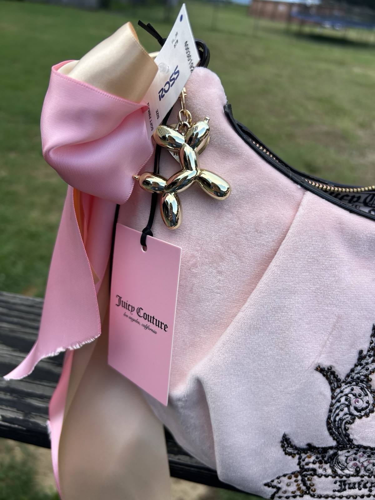 Juicy Couture Need More Juicy Pink Clay Velour Hobo Bag with Custom Gothic Crest
